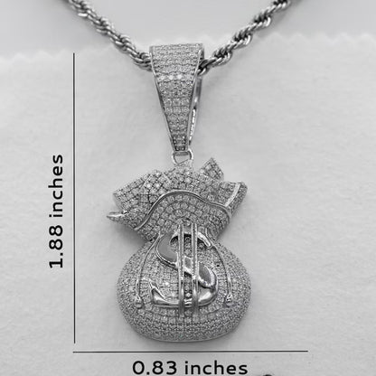 VVS1 3CT Moissanite Money Bag of Cash Dollar Sign Pendant Necklace for Men, 18k White Gold Plated 925 Sterling Silver