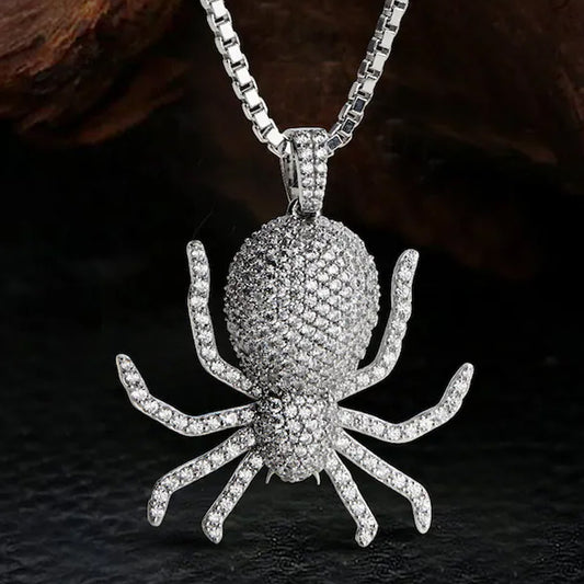 VVS Moissanite Diamond Iced Out Spider Pendant Necklace 925 Sterling Silver, Icy Bling Hip Hop Jewelry, Unisex Gothic Pendant Halloween Gift