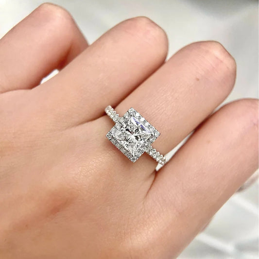 2.00 CT Princess F VS1 Moissanite Diamond Eardrop 925 Sterling Silver Diamond Ring Halo Pave Ring Hidden