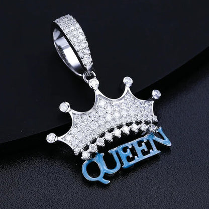 Iced Out Queen Crown Pendant Necklace Enamel With 2CT Moissanite Diamond 925 Sterling Silver Fine Jewelry