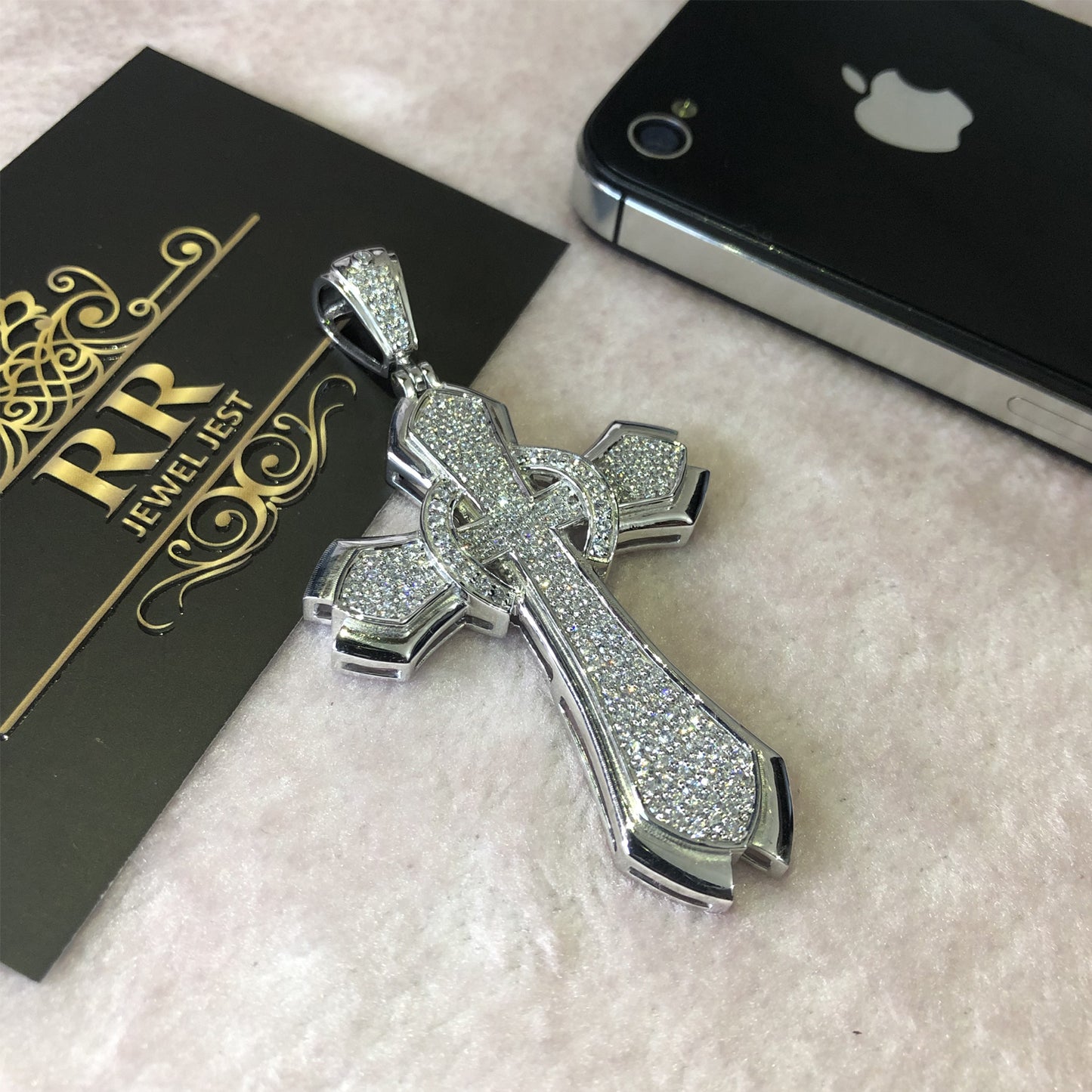 Sterling Silver 925 White Gold Plated Round Diamond Men's Jesus Blessing Cross Charm Pendant