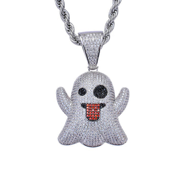 Men and Women White Gold Hip Hop Shiny Emoji Ghost Iced Out Silver 925 Pendant