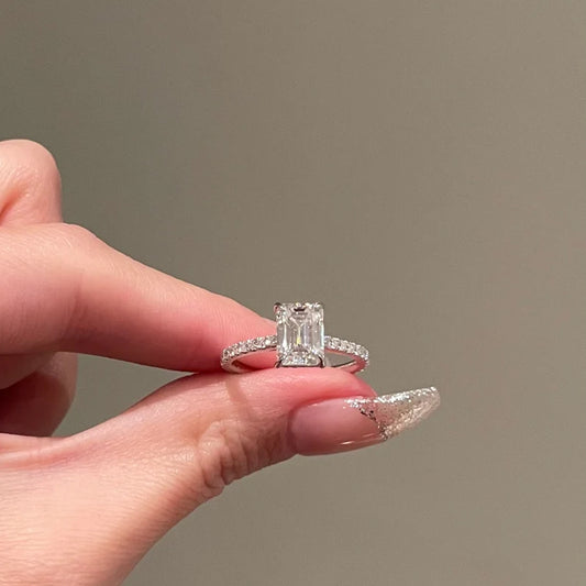 2 Carat Brilliant Emerald Cut Moissanite 4-Prong Hidden Halo Pavé Cathedral Engagement Ring, 925 Silver Ring