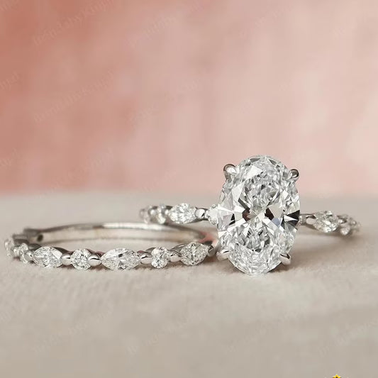 3 Ct Oval Cut Moissanite Wedding Ring Set, Oval Moissanite Engagement Ring Set, Bridal Set,Half Eternity Matching Bands,Anniversary Gift