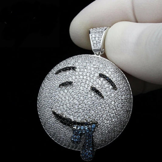 Sterling Silver 925 Round Diamond Fully Iced Out Drooling Face Emoji Charm Pendant