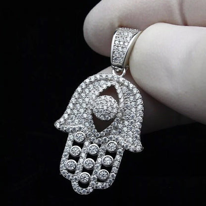 2Ct Round Cut Real Moissanite 'Evil Eye Hamsa' Pendant In 925 Silver White Gold Plated