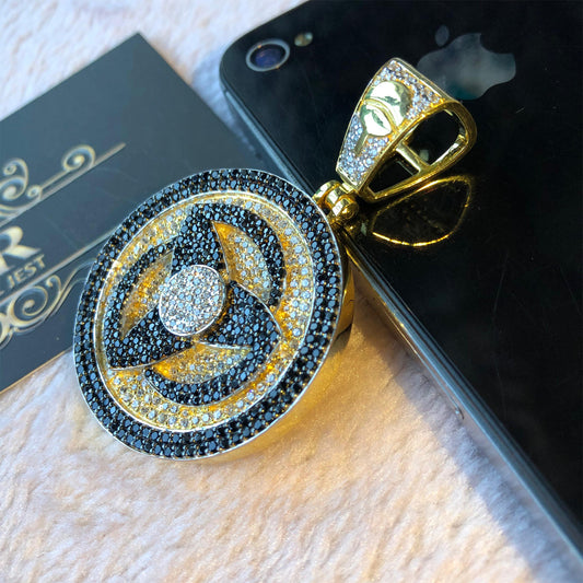 Solid 925 Silver Yellow Gold "Mangekyou Sharingan" Piece Fully Iced Out With VS+ White Diamonds & Black Diamonds & Customize...