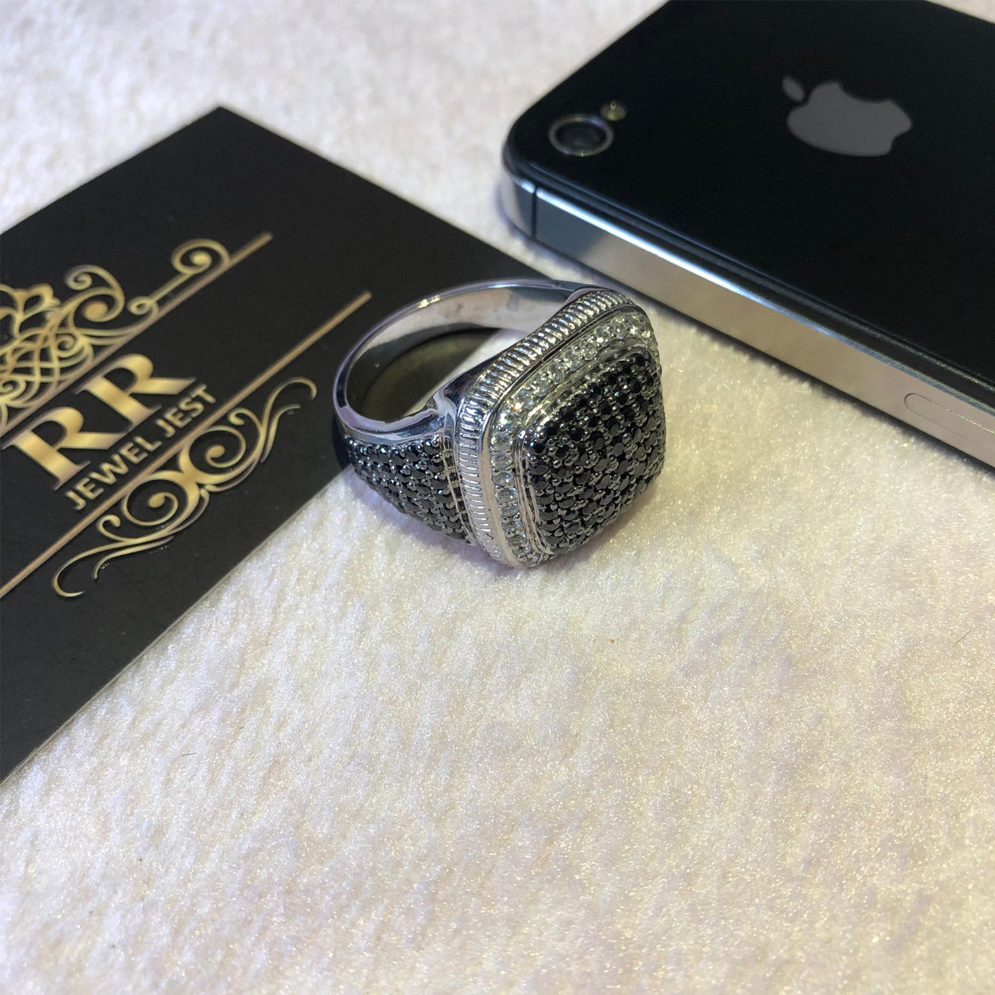 Iced Out Custom Men's Ring Made In 925 Sterling Silver Studded With Black & white Diamonds/ Shiny CZ Stones