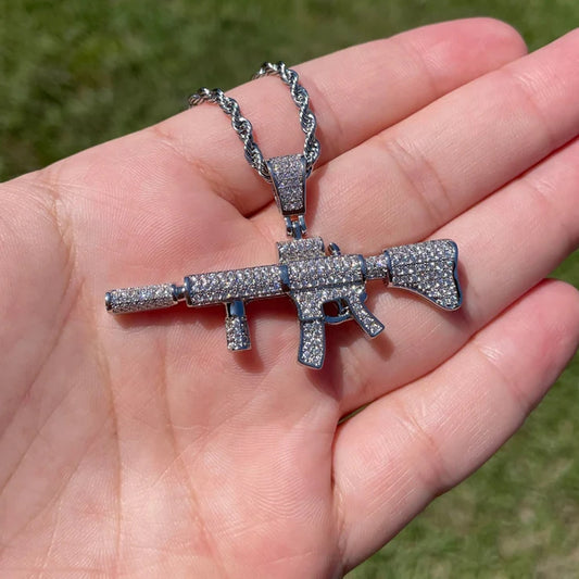 Silver 925  Iced Out M4 Assault Rifle Carbine Military Machine Gun Moissanite Diamond Pendant