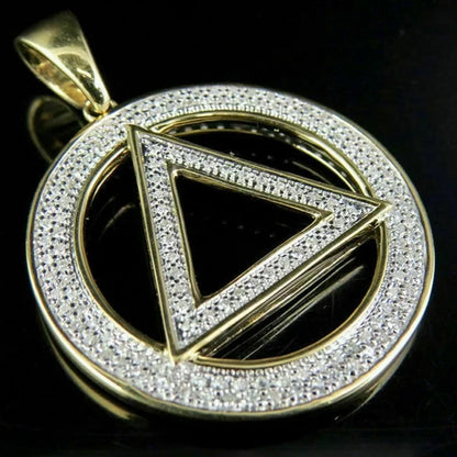 Round Diamond Yellow Gold Plated Illuminati Eminem Triangle Sign Sterling Silver 925 Pendant