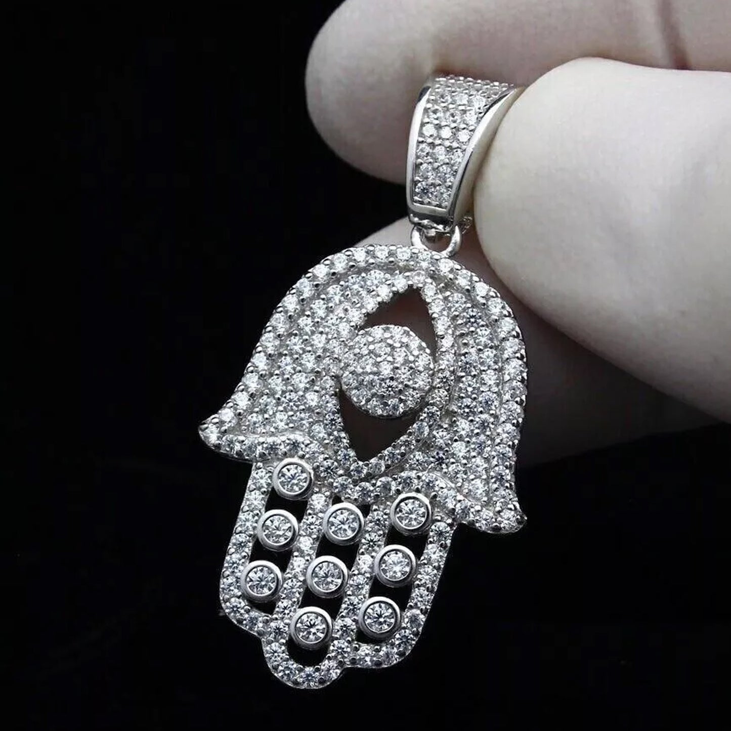 2Ct Round Cut Real Moissanite 'Evil Eye Hamsa' Pendant In 925 Silver White Gold Plated