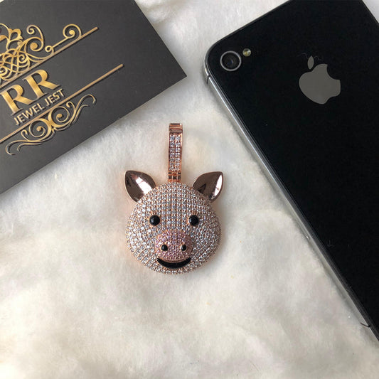 Sterling Silver 925 Fully Iced Out Round CZ Diamond Pig Emoji For Men Women's Charm Pendant 14K Rose Gold Over