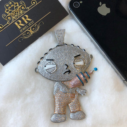 3" Long 1.5" Wide Iced Out Stewie Griffin Sterling Silver 925 Diamond Pendant