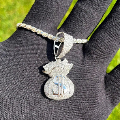 VVS1 3CT Moissanite Money Bag of Cash Dollar Sign Pendant Necklace for Men, 18k White Gold Plated 925 Sterling Silver