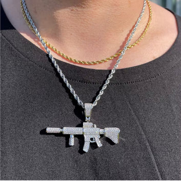 Silver 925  Iced Out M4 Assault Rifle Carbine Military Machine Gun Moissanite Diamond Pendant