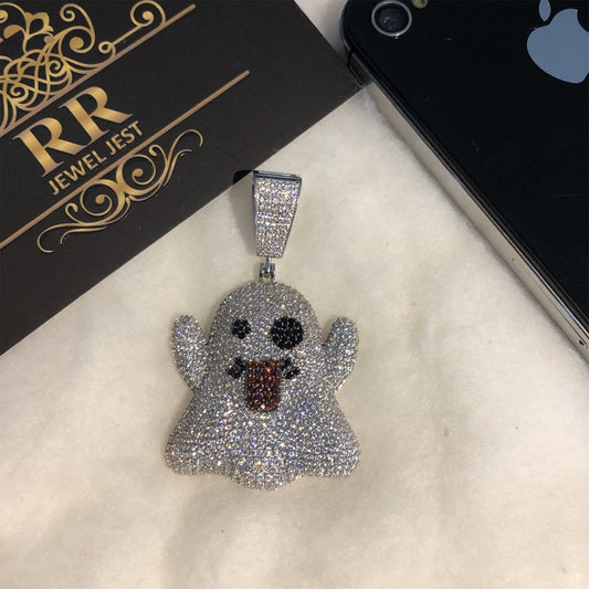 Men and Women White Gold Hip Hop Shiny Emoji Ghost Iced Out Silver 925 Pendant