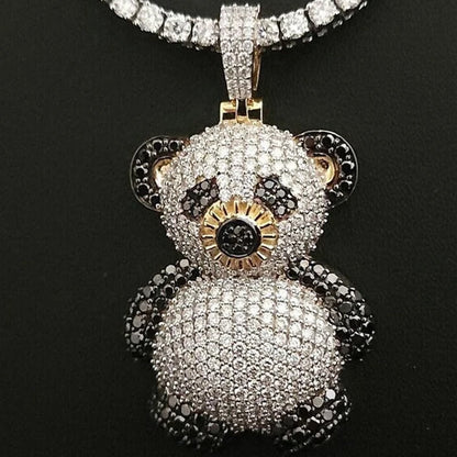 925 Sterling Silver Iced out White & Black Teddy Pendant