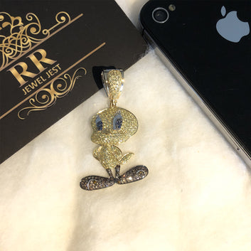Yellow Gold Plated Fully Iced Out Tweety Bird Diamond Pendant Silver 925