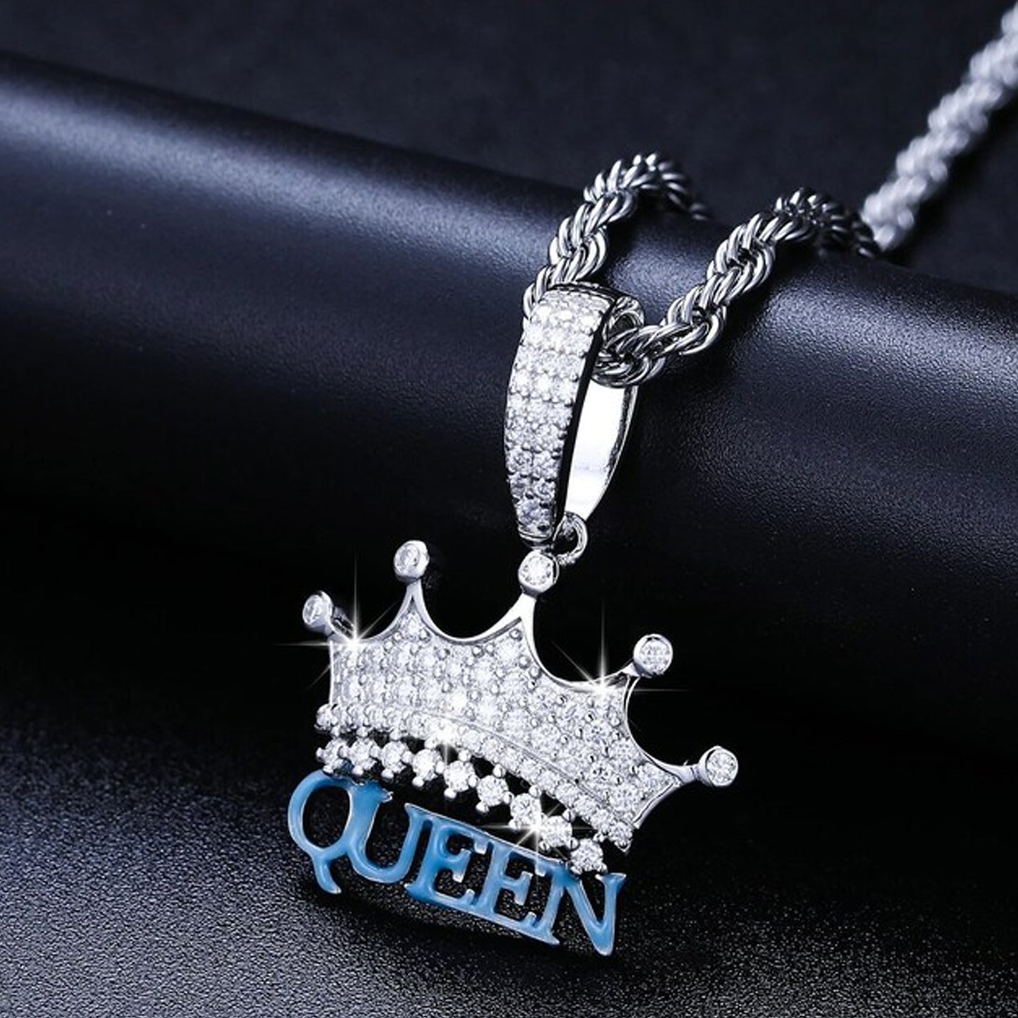 Iced Out Queen Crown Pendant Necklace Enamel With 2CT Moissanite Diamond 925 Sterling Silver Fine Jewelry