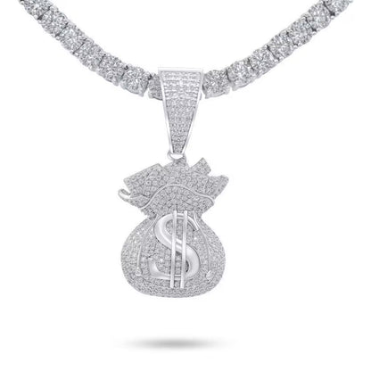 VVS1 3CT Moissanite Money Bag of Cash Dollar Sign Pendant Necklace for Men, 18k White Gold Plated 925 Sterling Silver