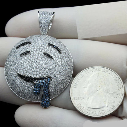 Sterling Silver 925 Round Diamond Fully Iced Out Drooling Face Emoji Charm Pendant