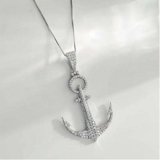 Moissanite Diamond Anchor Pendant Iced Out Anchor Necklace for Men Biker Bling Hip Hop Jewelry  Sterling Silver Anniversary Birthday Gift for Him