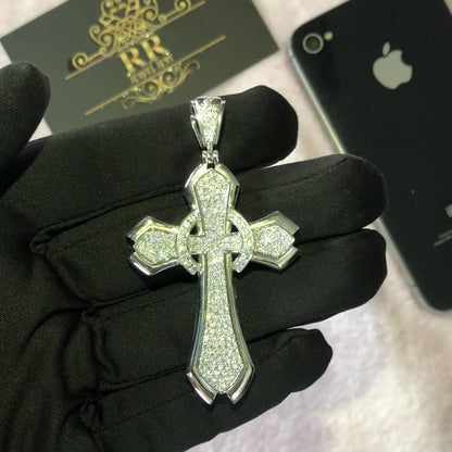 Sterling Silver 925 White Gold Plated Round Diamond Men's Jesus Blessing Cross Charm Pendant