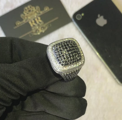 Iced Out Custom Men's Ring Made In 925 Sterling Silver Studded With Black & white Diamonds/ Shiny CZ Stones