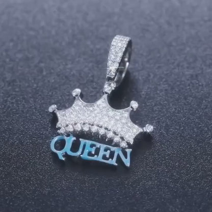 Iced Out Queen Crown Pendant Necklace Enamel With 2CT Moissanite Diamond 925 Sterling Silver Fine Jewelry